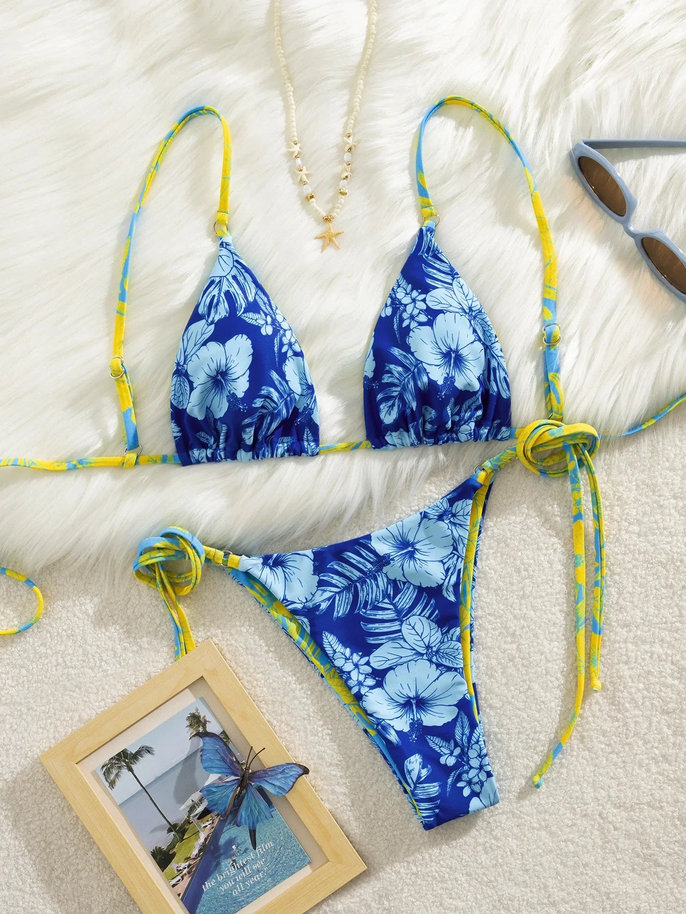 Blue Tie Dye Patchwork Micro Bikini Adjustable Strap Push Up Tie Side Thong Swimsuit Beach Bathing Suit Swimwear