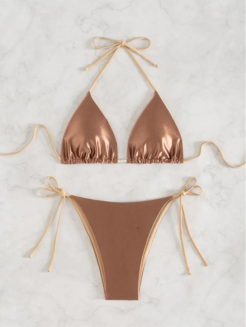 Bronzing Coffee Patchwork Bikini Set