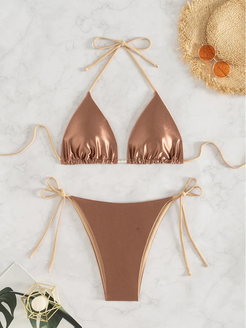 Bronzing Coffee Patchwork Bikini Set
