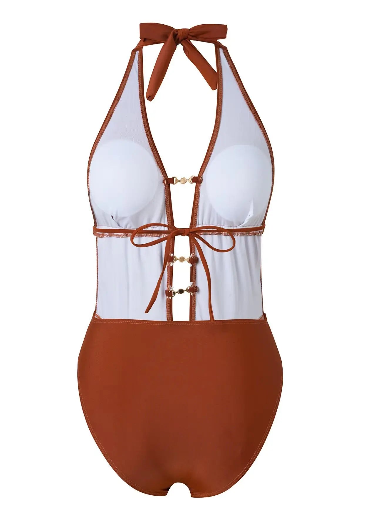 Brown Lace Patchwork Swimwear Pearls Hollow Out V Neck Backless Bathing Suit Beach Holiday One Piece Swimsuit