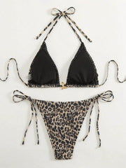 Brown Leopard Print Bikini Metal Starfish Pleate Push Up Tie Side Thong Swimsuit Beach Bathing Suit Swimwear