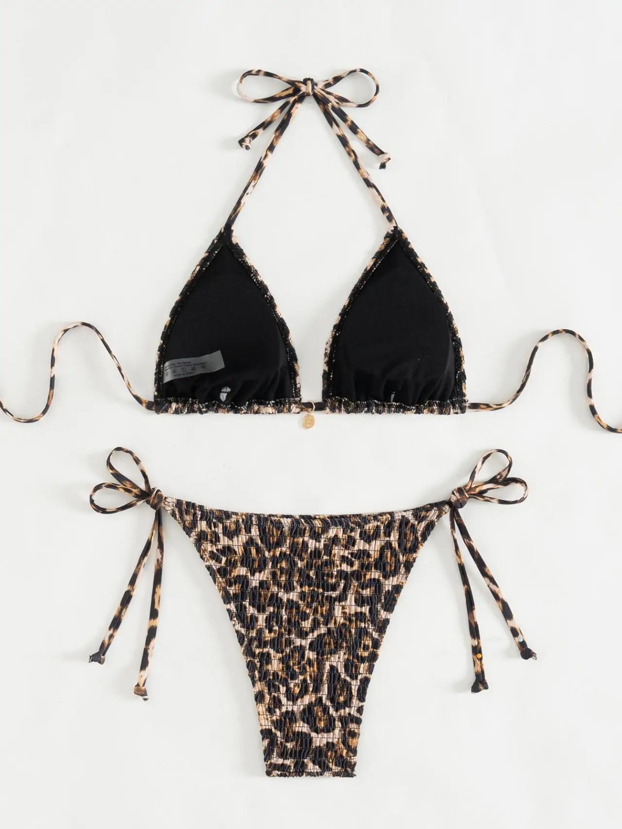 Brown Leopard Print Micro Bikini Pleate Push Up Bra Bandage Thong Swimsuit Beach Holiday Bathing Suit Swimwear