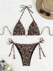 Brown Leopard Print Micro Bikini Pleate Push Up Bra Bandage Thong Swimsuit Beach Holiday Bathing Suit Swimwear