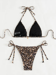 Brown Leopard Print Micro Bikini Pleate Push Up Bra Bandage Thong Swimsuit Beach Holiday Bathing Suit Swimwear