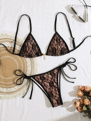 Brown Leopard Print Micro Bikini Double Strap Push Up Tie Side Triangle Swimsuit Bathing Suit Two Piece Swimwear