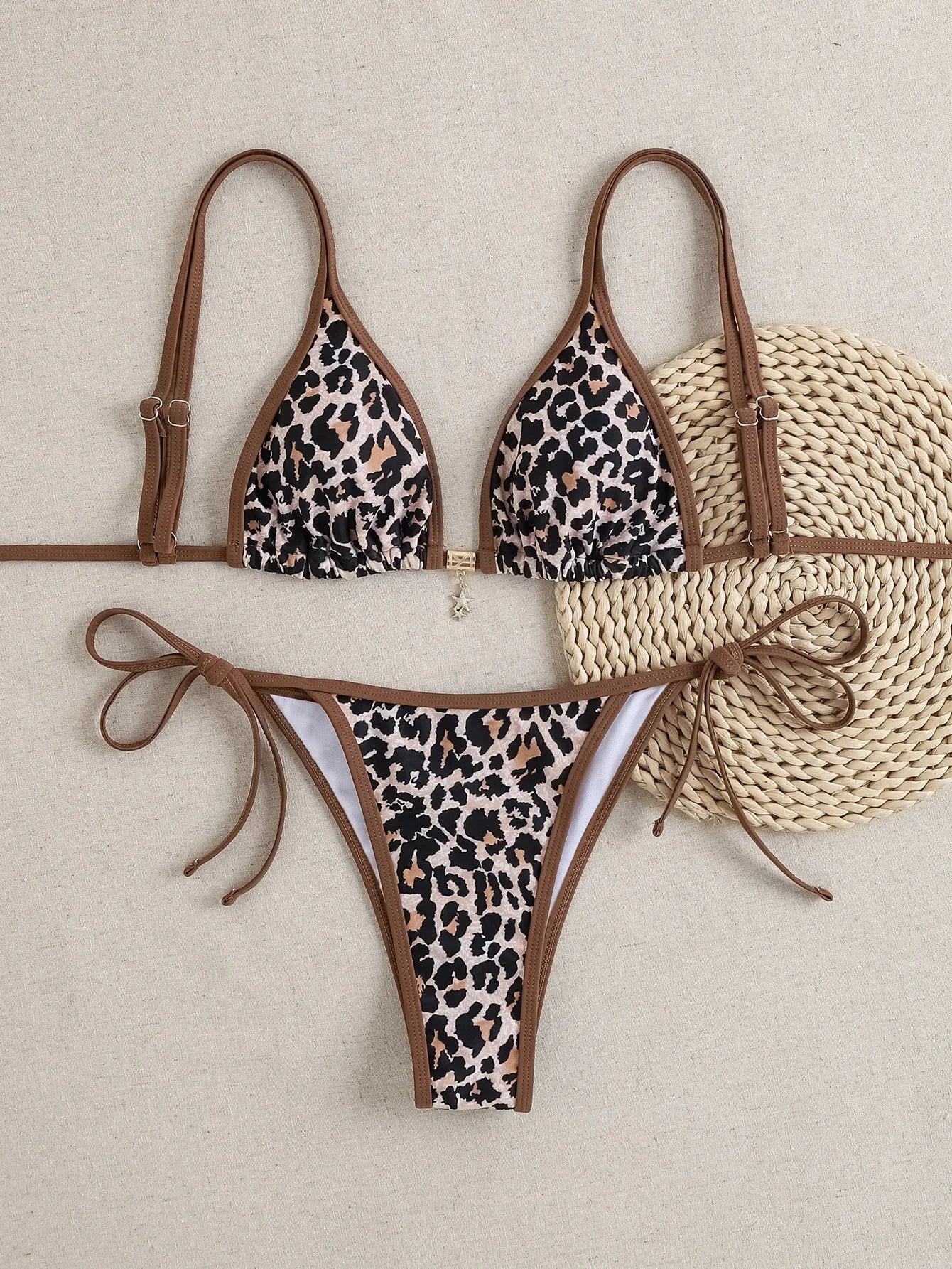 Brown Leopard Print Micro Bikini Double Strap Push Up Tie Side Triangle Swimsuit Bathing Suit Two Piece Swimwear