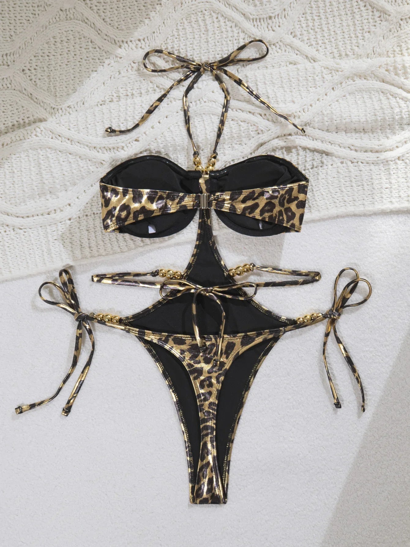 Brown Leopard Print Swimwear V Neck Hollw Out Backless Bandage Thong Bikini Holiday Bathing Suit One Piece Swimsuit