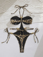 Brown Leopard Print Swimwear V Neck Hollw Out Backless Bandage Thong Bikini Holiday Bathing Suit One Piece Swimsuit