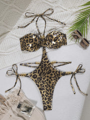 Brown Leopard Print Swimwear V Neck Hollw Out Backless Bandage Thong Bikini Holiday Bathing Suit One Piece Swimsuit