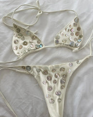Brozing Diamond Bikini White Push Up Bandage Thong Swimsuit Bathing Suit Micro Swimwear Biquini