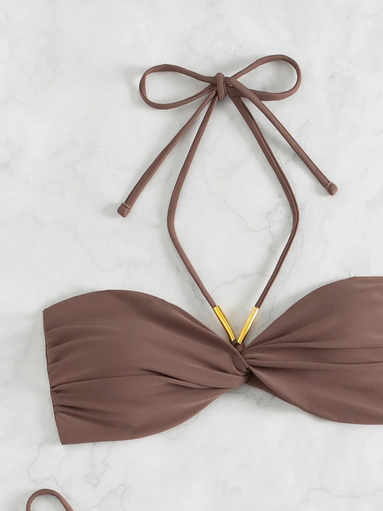 Coffee Bikini Halter Pleate Push Up Tie Side Thong Swimsuit Brazilian Beach Bathing Suit Micro Swimwear Biquini