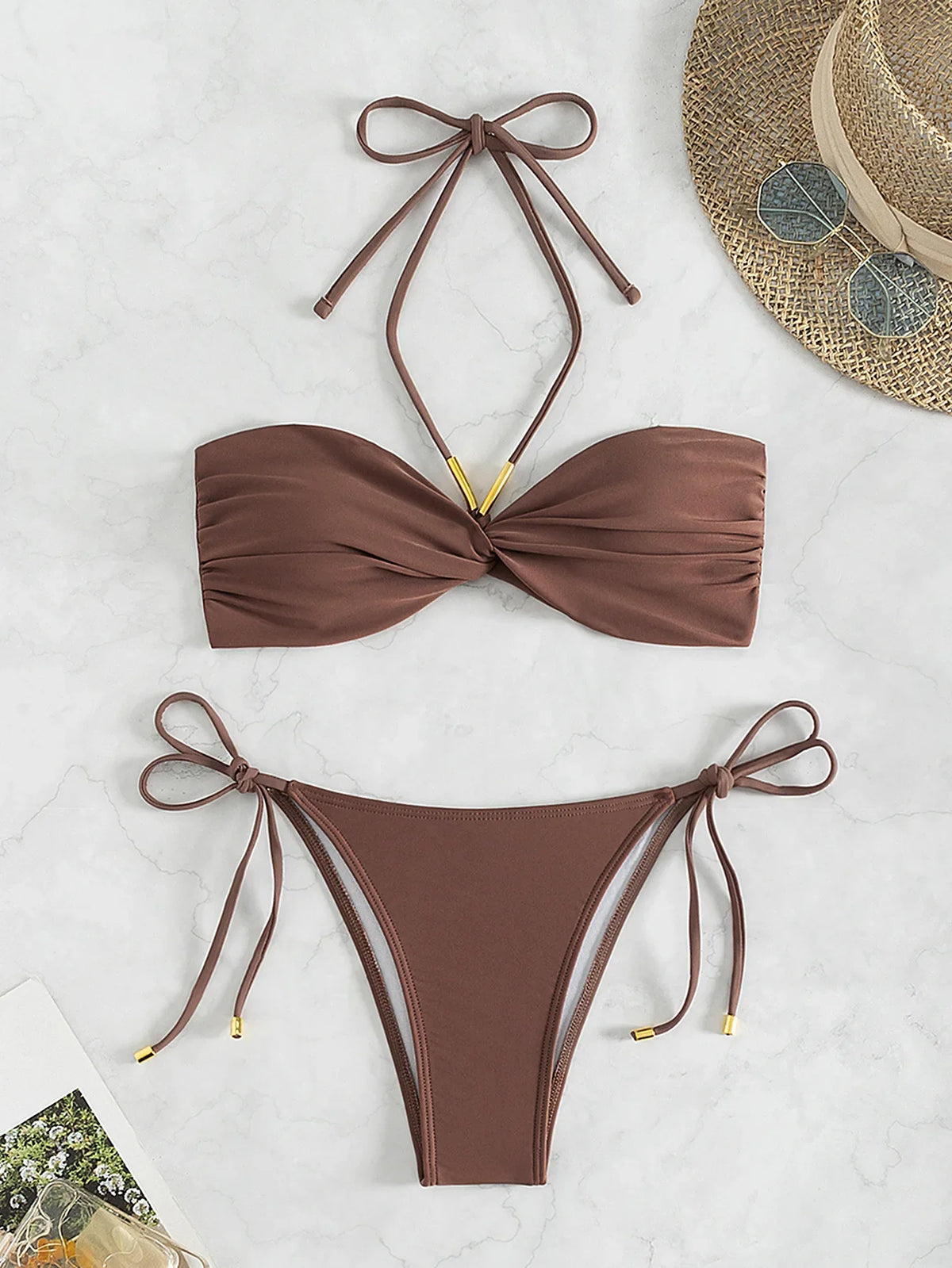 Coffee Bikini Halter Pleate Push Up Tie Side Thong Swimsuit Brazilian Beach Bathing Suit Micro Swimwear Biquini