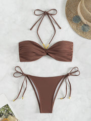 Coffee Bikini Halter Pleate Push Up Tie Side Thong Swimsuit Brazilian Beach Bathing Suit Micro Swimwear Biquini