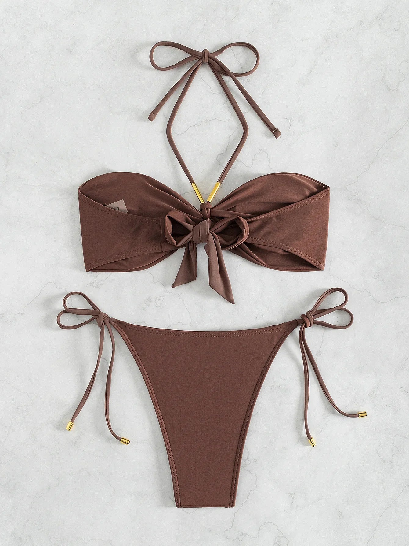 Coffee Bikini Halter Pleate Push Up Tie Side Thong Swimsuit Brazilian Beach Bathing Suit Micro Swimwear Biquini