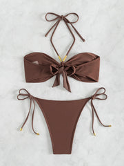 Coffee Bikini Halter Pleate Push Up Tie Side Thong Swimsuit Brazilian Beach Bathing Suit Micro Swimwear Biquini