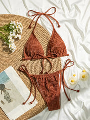 Coffee Bikini Halter Bandag Drawstring Side Tie Up Swimsuit Smocking Ribbed Micro Thong Swimwear Bathing Suit