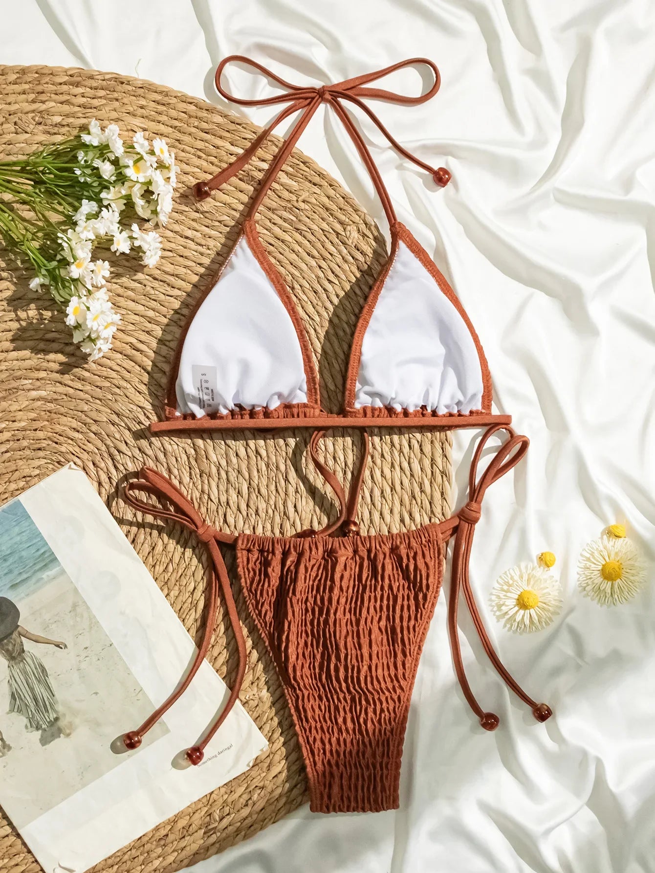 Coffee Bikini Halter Bandag Drawstring Side Tie Up Swimsuit Smocking Ribbed Micro Thong Swimwear Bathing Suit
