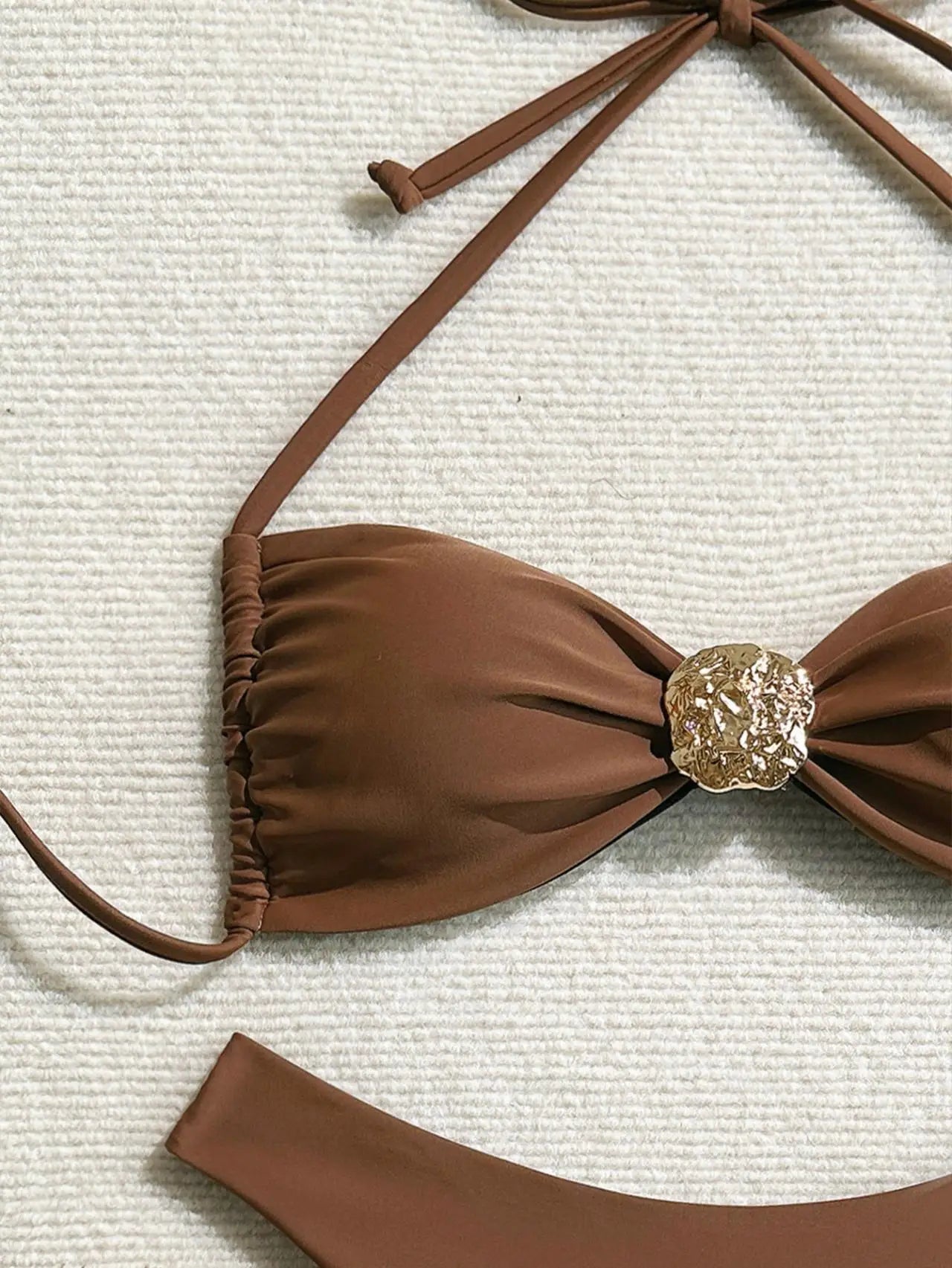 Coffee Bikini Metal Buckle Pleate Push Up Bra Thong Swimsuit Holiday Bathing Suit Micro Swimwear Biquini