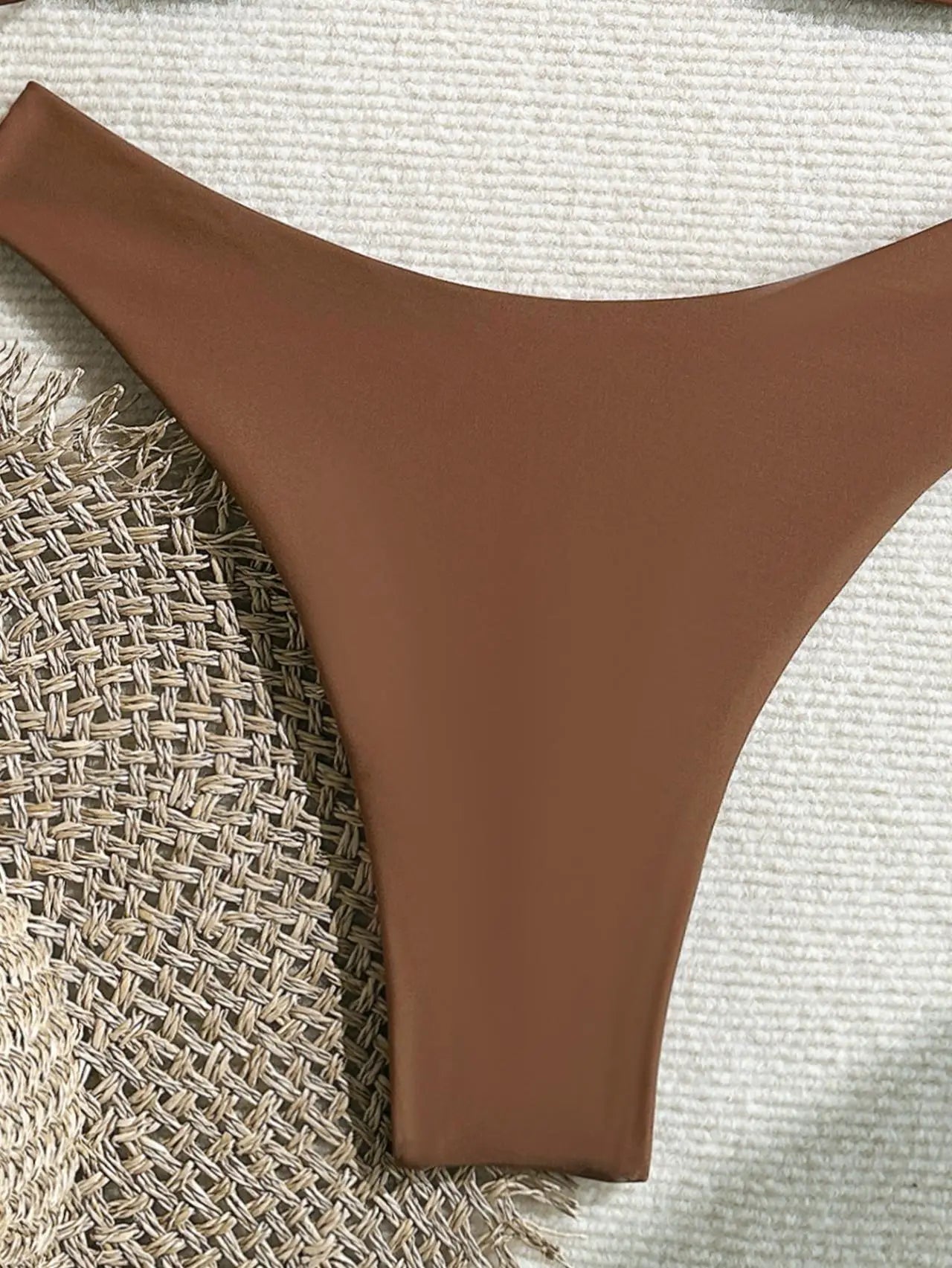 Coffee Bikini Metal Buckle Pleate Push Up Bra Thong Swimsuit Holiday Bathing Suit Micro Swimwear Biquini