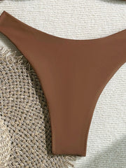 Coffee Bikini Metal Buckle Pleate Push Up Bra Thong Swimsuit Holiday Bathing Suit Micro Swimwear Biquini
