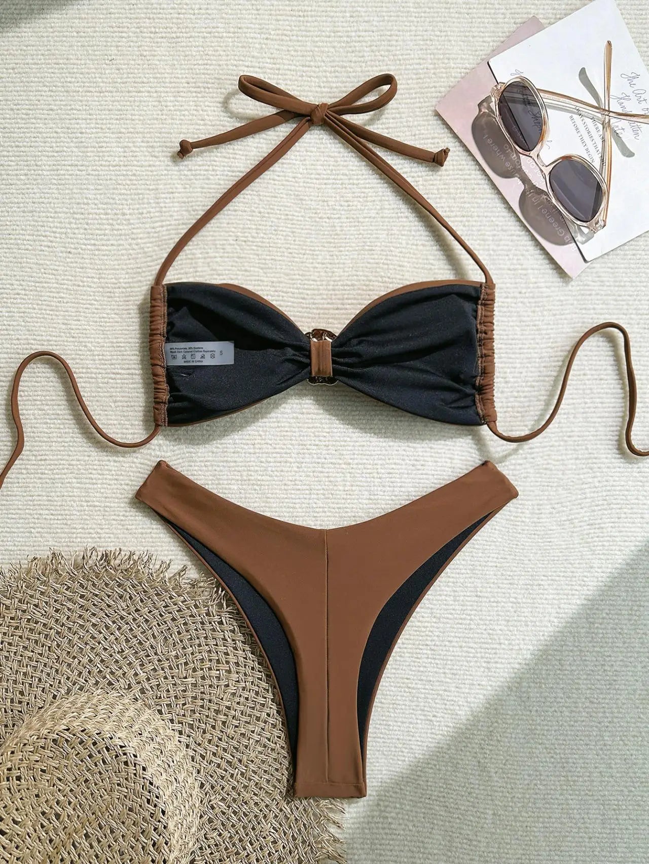 Coffee Bikini Metal Buckle Pleate Push Up Bra Thong Swimsuit Holiday Bathing Suit Micro Swimwear Biquini