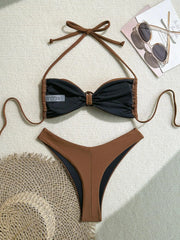 Coffee Bikini Metal Buckle Pleate Push Up Bra Thong Swimsuit Holiday Bathing Suit Micro Swimwear Biquini
