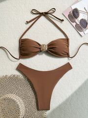Coffee Bikini Metal Buckle Pleate Push Up Bra Thong Swimsuit Holiday Bathing Suit Micro Swimwear Biquini