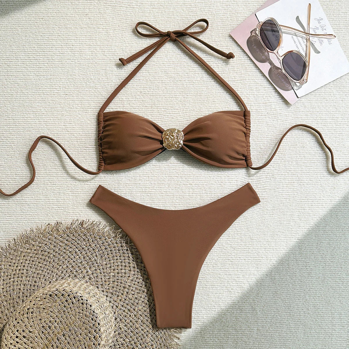 Coffee Bikini Metal Buckle Pleate Push Up Bra Thong Swimsuit Holiday Bathing Suit Micro Swimwear Biquini