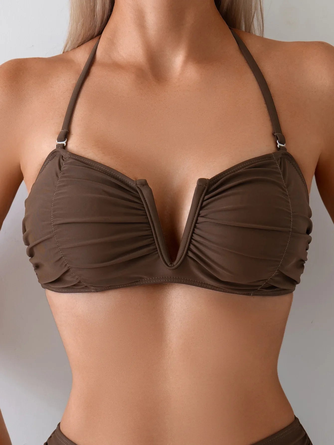 Coffee Black Swimwear Bandeau V Wire Pleate Push Up High Waist Swimsuit Beach Bathing Suit Vacation Bikini