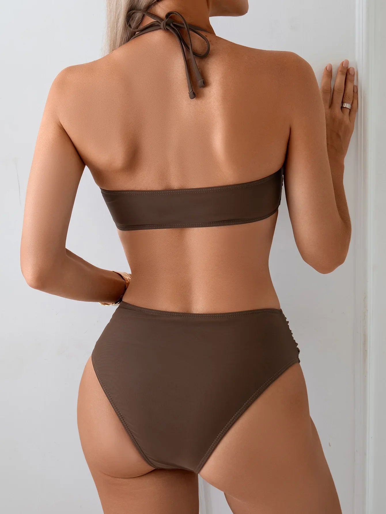 Coffee Black Swimwear Bandeau V Wire Pleate Push Up High Waist Swimsuit Beach Bathing Suit Vacation Bikini