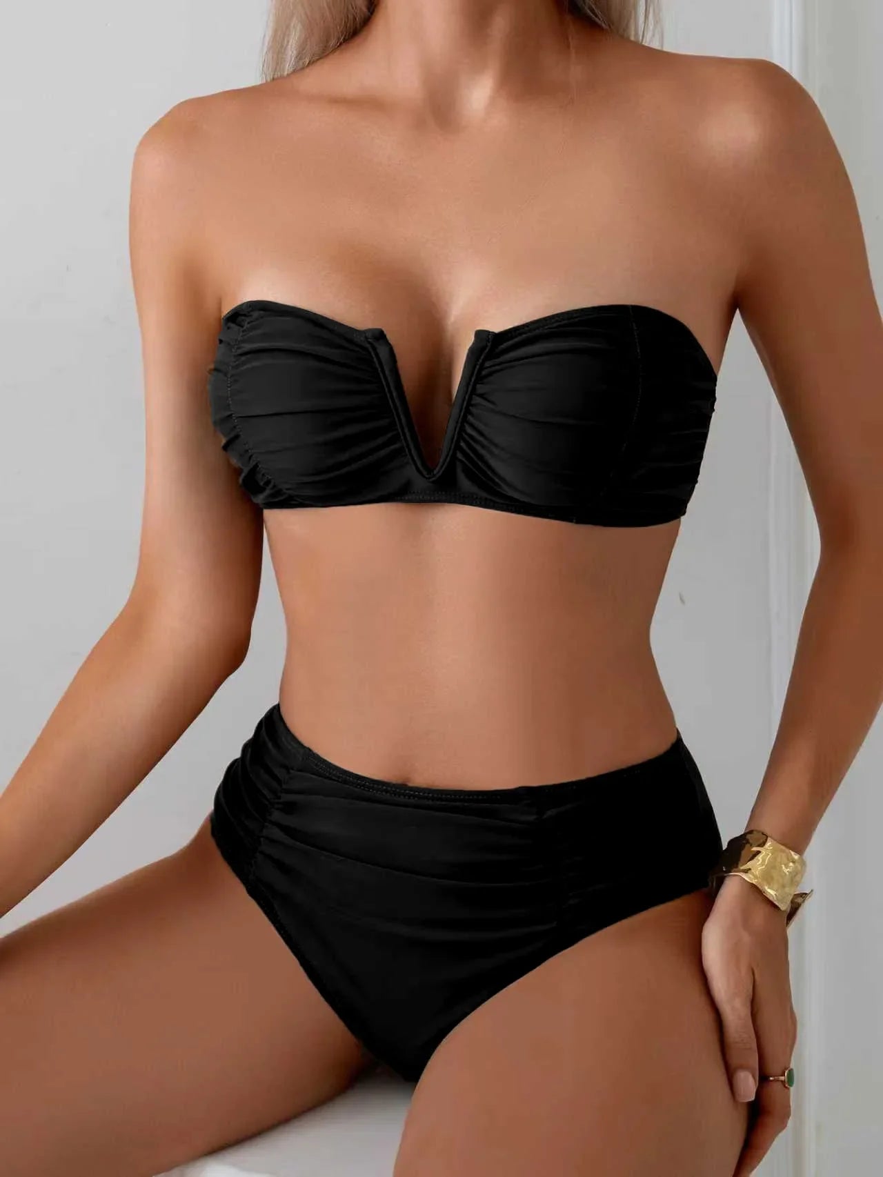 Coffee Black Swimwear Bandeau V Wire Pleate Push Up High Waist Swimsuit Beach Bathing Suit Vacation Bikini