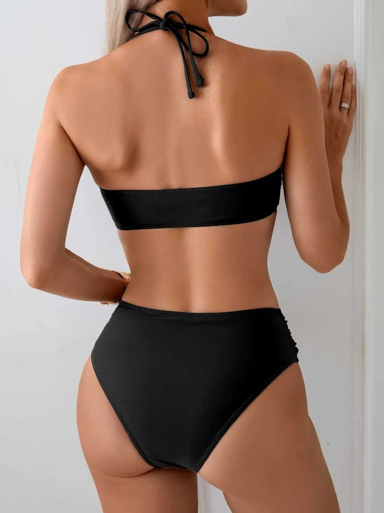 Coffee Black Swimwear Bandeau V Wire Pleate Push Up High Waist Swimsuit Beach Bathing Suit Vacation Bikini