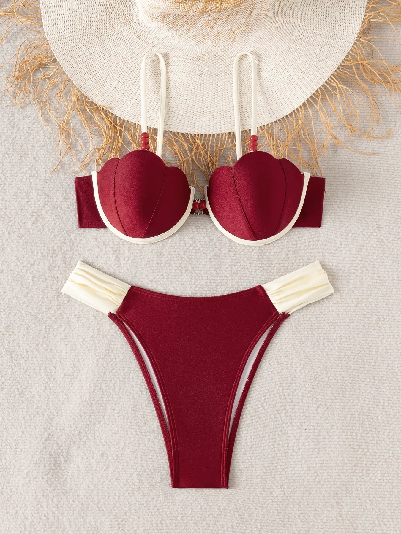Coffee Contrast Ruffles Thong Bikini Set