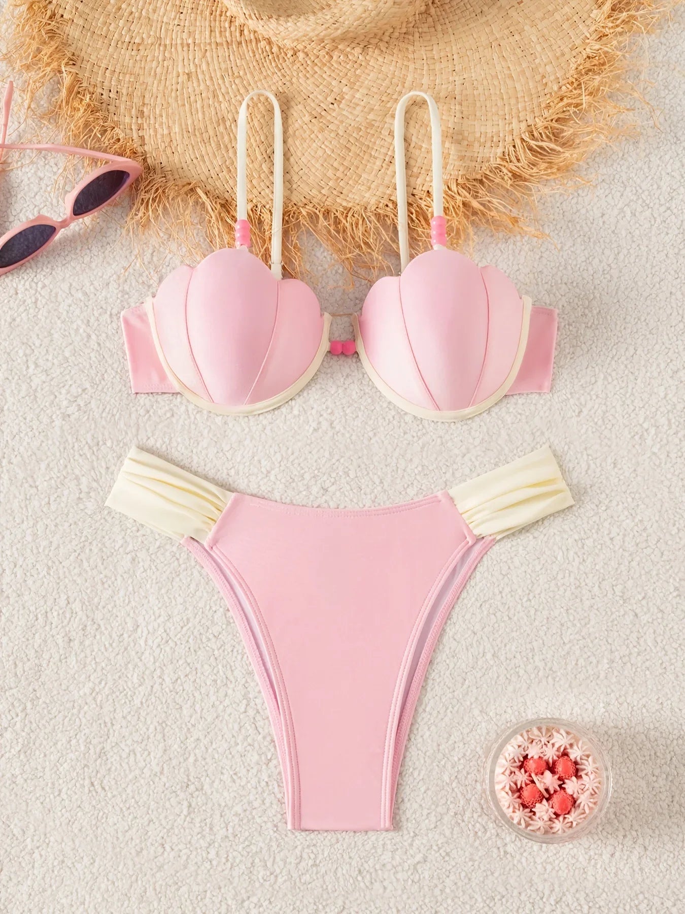 Coffee Contrast Ruffles Thong Bikini Set