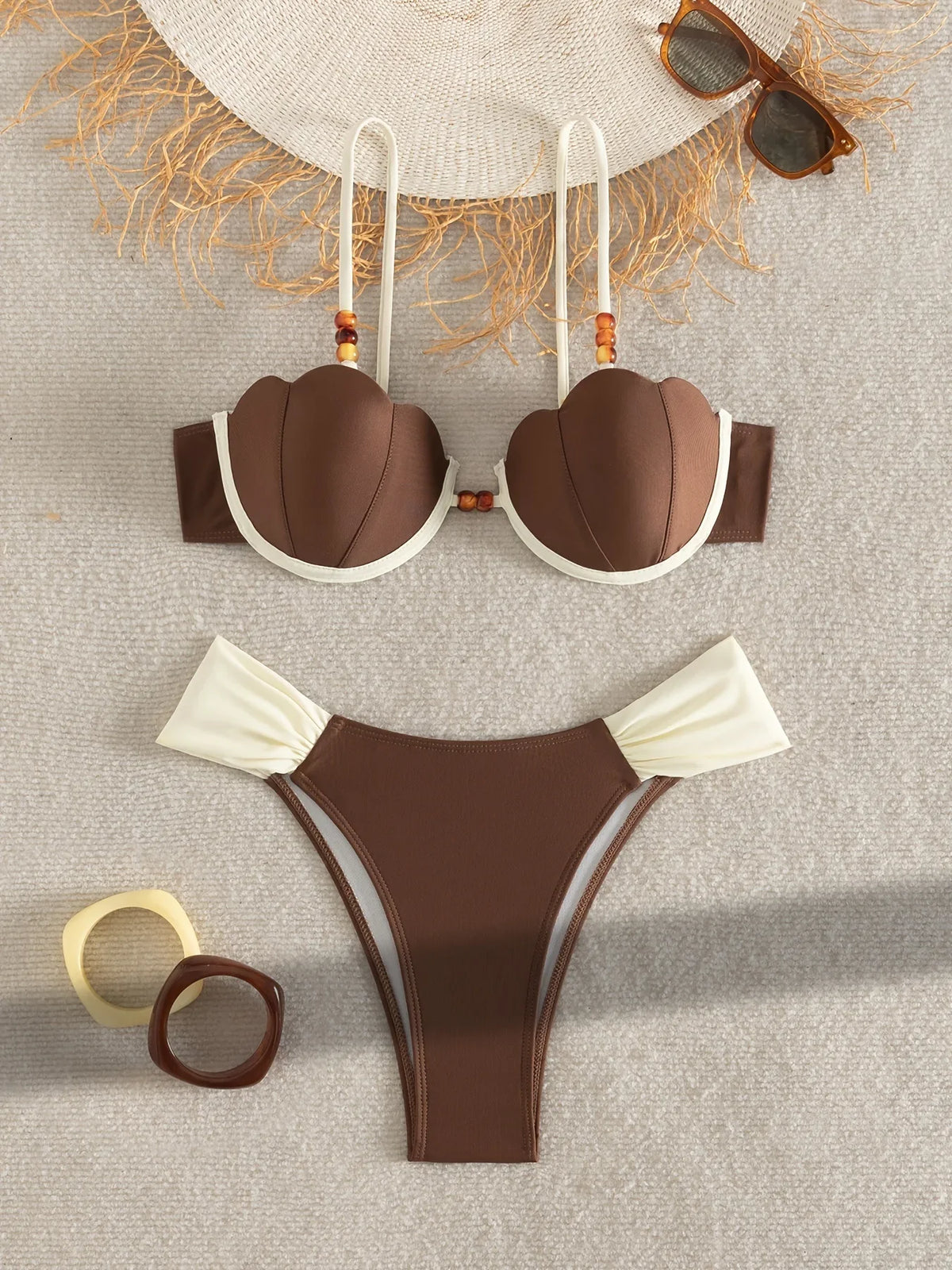 Coffee Contrast Ruffles Thong Bikini Set