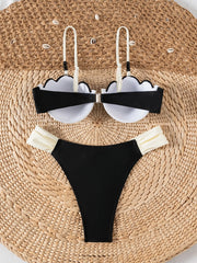 Coffee Contrast Ruffles Thong Bikini Set
