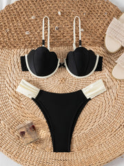 Coffee Contrast Ruffles Thong Bikini Set