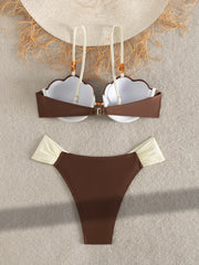 Coffee Contrast Ruffles Thong Bikini Set