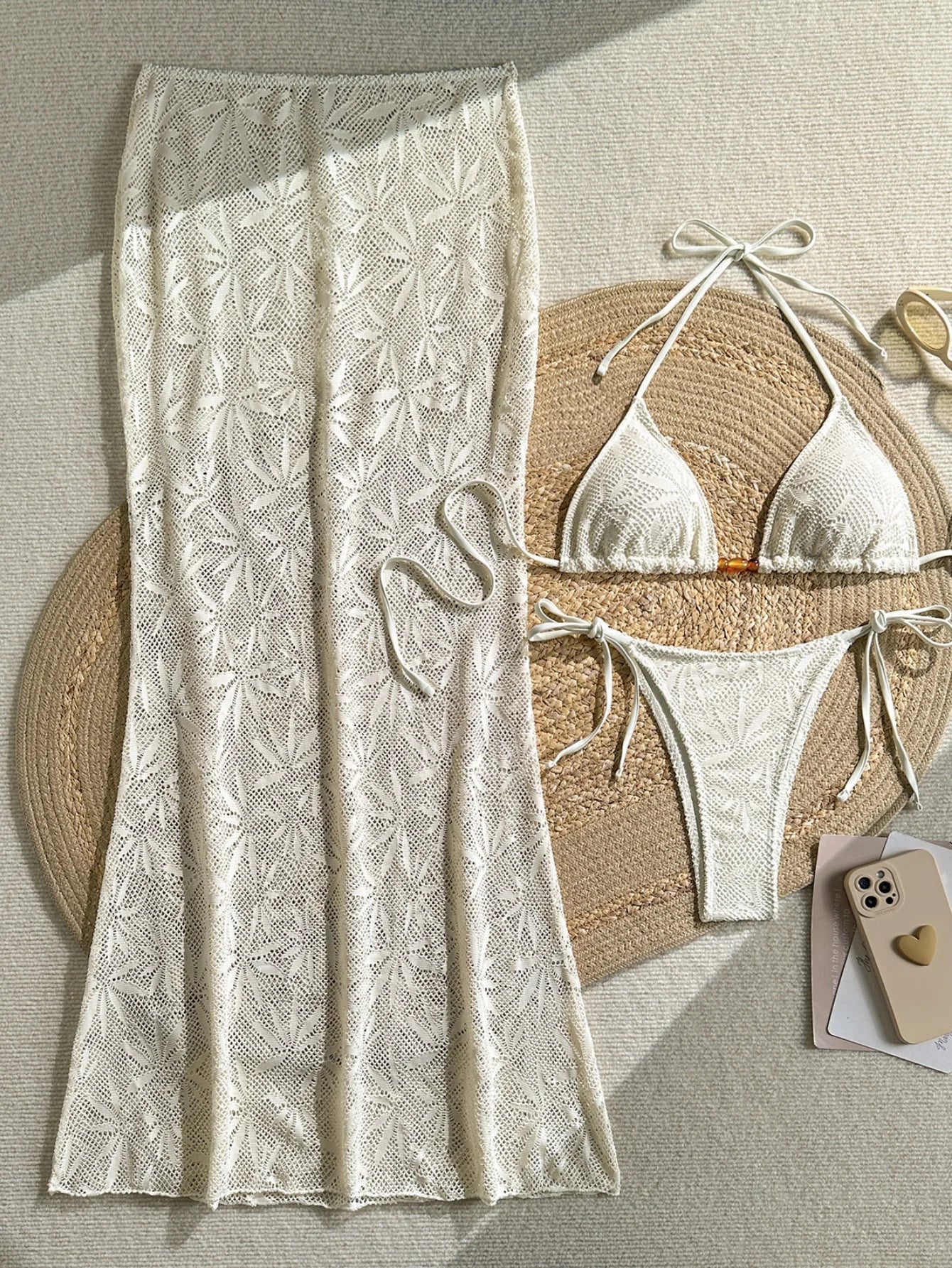 Coffee Leaves Print  Mesh Long Skirt 3 Piece Bikini Set