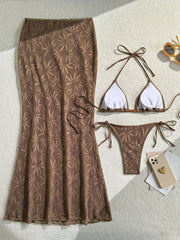 Coffee Leaves Print  Mesh Long Skirt 3 Piece Bikini Set