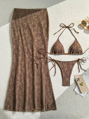 Coffee Leaves Print  Mesh Long Skirt 3 Piece Bikini Set