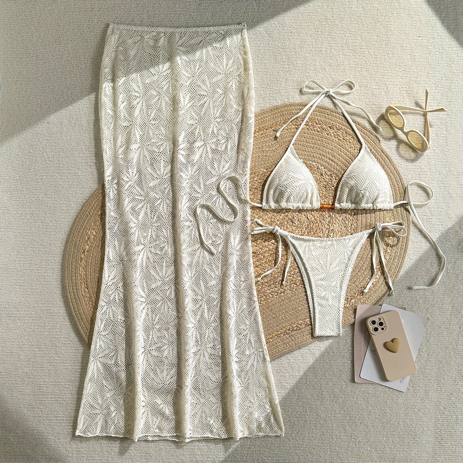 Coffee Leaves Print  Mesh Long Skirt 3 Piece Bikini Set