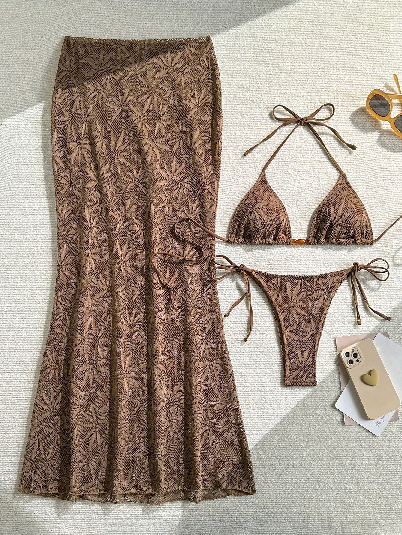 Coffee Leaves Print  Mesh Long Skirt 3 Piece Bikini Set