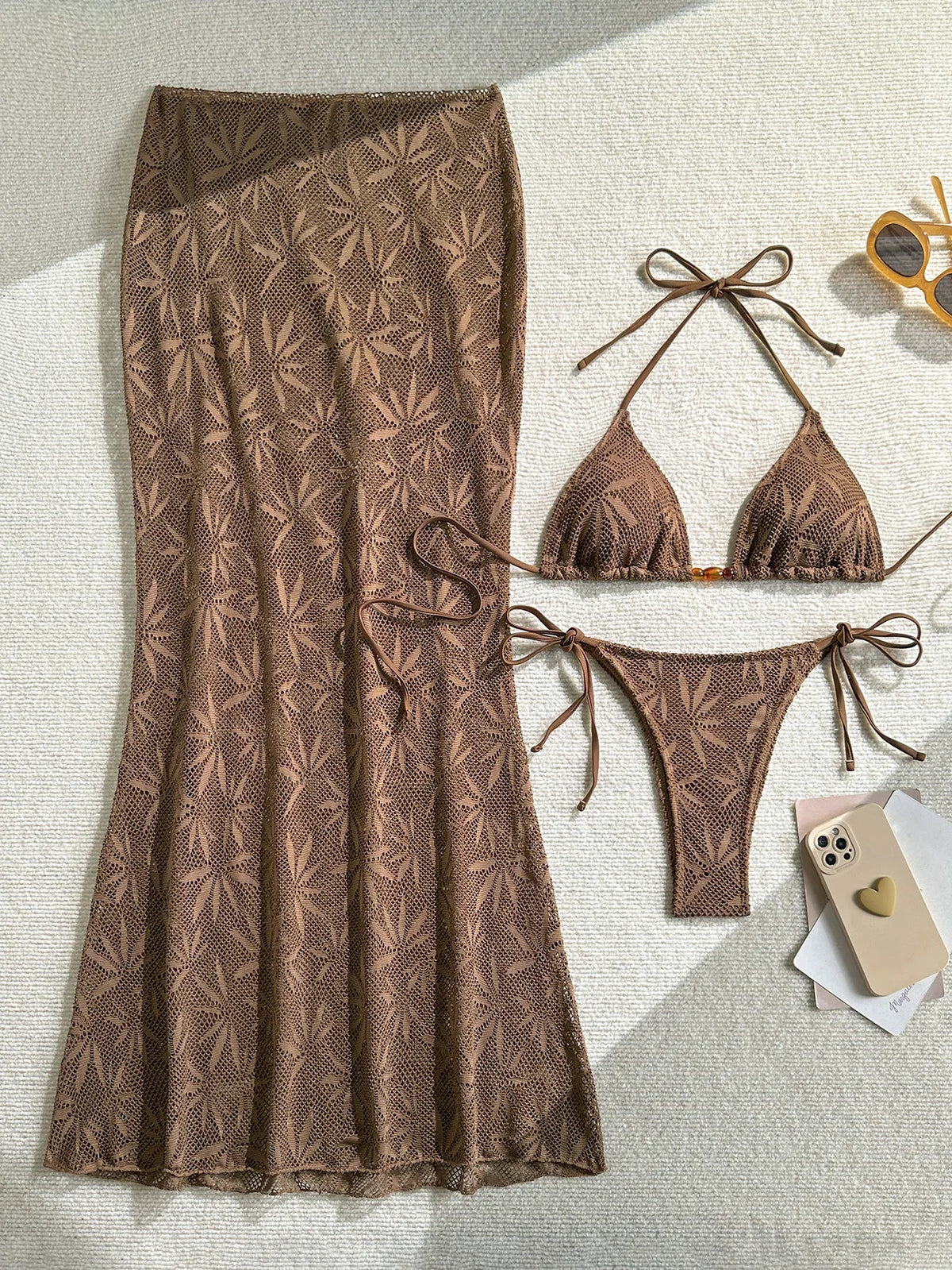 Coffee Leaves Print  Mesh Long Skirt 3 Piece Bikini Set