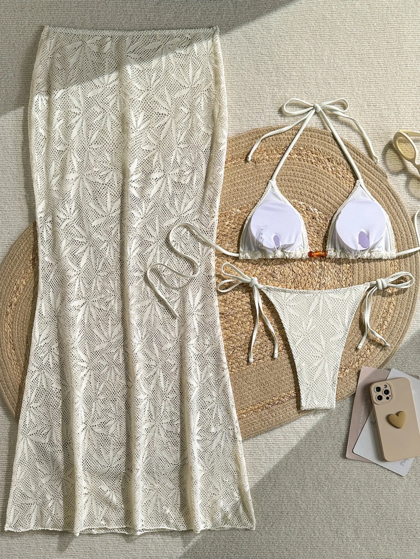 Coffee Leaves Print  Mesh Long Skirt 3 Piece Bikini Set