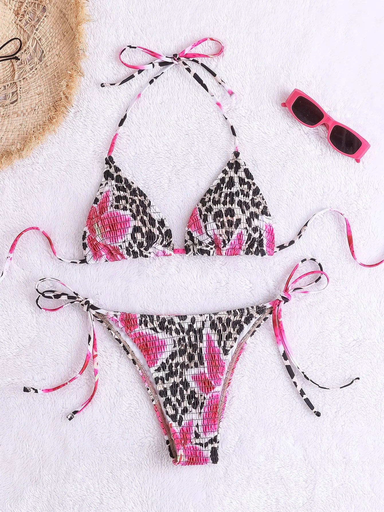 Coffee Leopard Print Micro Bikini Halter Pleate Push Up Bra Tie Side Thong Swimsuit Beach Bathing Suit Swimwear