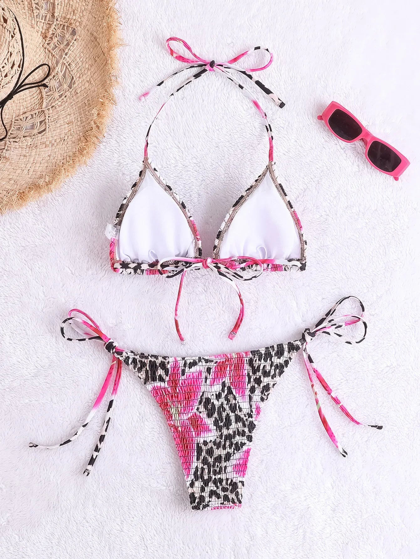 Coffee Leopard Print Micro Bikini Halter Pleate Push Up Bra Tie Side Thong Swimsuit Beach Bathing Suit Swimwear