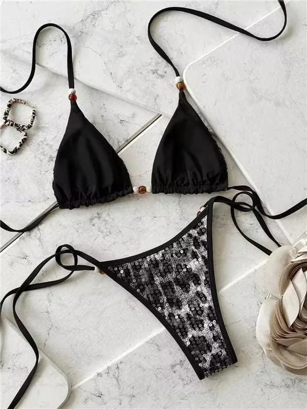 Coffee Leopard Print Micro Bikini Pearls Trap Push Up Bra Tie Side Thong Swimsuit Bathing Suit