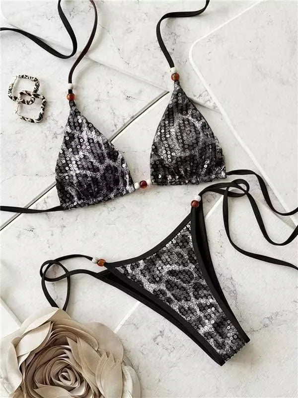 Coffee Leopard Print Micro Bikini Pearls Trap Push Up Bra Tie Side Thong Swimsuit Bathing Suit