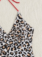 Coffee Leopard Print Swimwear V Neck Hollow Out Backless Tummy Control One Piece Swimsuit Holiday Bathing Suit
